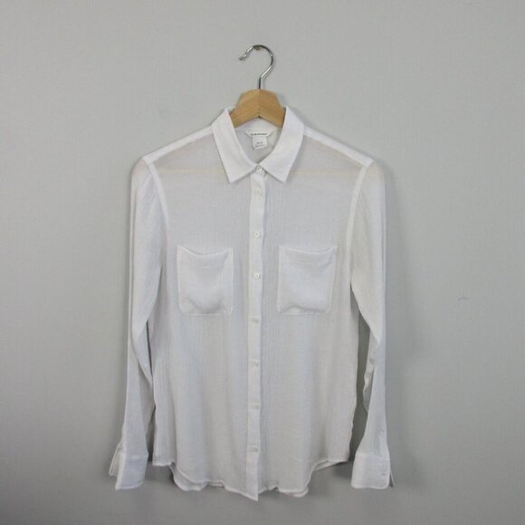 Club Monaco Button Down Blouse Women XS White Sheer Pockets Textured Casual 154 - Picture 1 of 8
